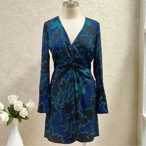 Parker Women's Blue/Black Floral Long Sleeve Twist-knot Mini Dress Size 4